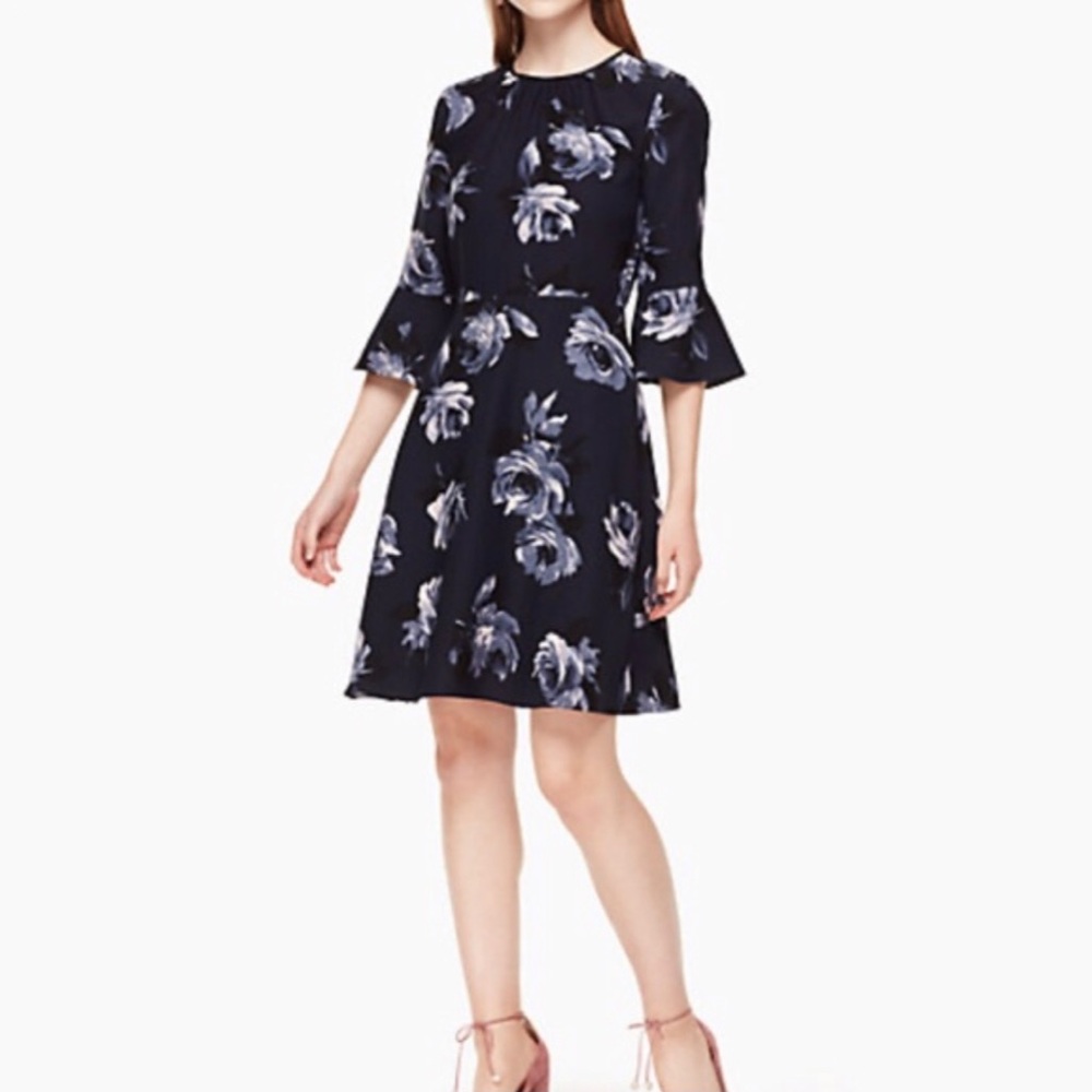 Kate Spade Dark Floral Bell Sleeve Sheath Dress Womens Size 4 Night Rose Boho
